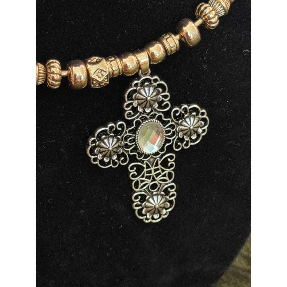 Cato silver & gold tone cross pendant choker necklace - Picture 2 of 3